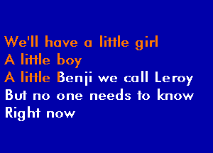 We'll have 0 Iiftle girl
A lime boy

A lime Benii we call Leroy
But no one needs to know
Right now