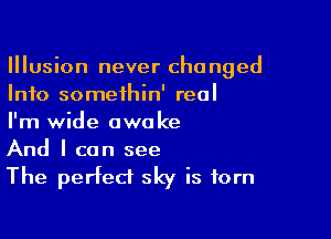 Illusion never changed
Info somethin' real

I'm wide awake
And I can see

The perfect sky is torn