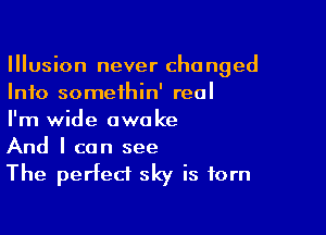 Illusion never changed
Info somethin' real

I'm wide awake
And I can see

The perfect sky is torn