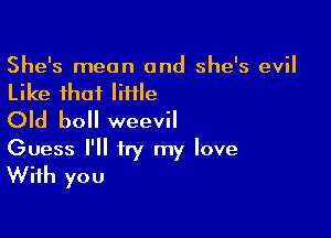 She's mean and she's evil
Like that liHle

Old boll weevil
Guess I'll try my love
With you