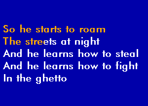 So he sfarls to room

The streets at night
And he learns how to sieal
And he learns how to fight

In he 9 heHo