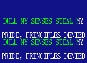 DULL MY SENSES STEAL MY

PRIDE, PRINCIPLES DENIED
DULL MY SENSES STEAL MY

PRIDE, PRINCIPLES DENIED