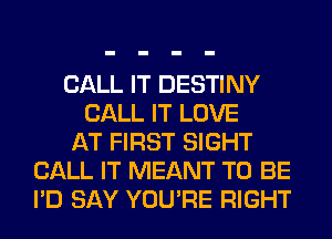 CALL IT DESTINY
CALL IT LOVE
AT FIRST SIGHT
CALL IT MEANT TO BE
I'D SAY YOU'RE RIGHT