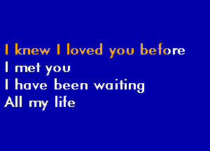 I knew I loved you before
I met you

I have been waiting

All my life