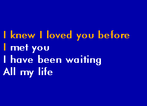 I knew I loved you before
I met you

I have been waiting

All my life