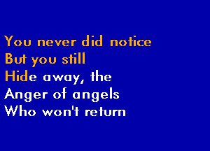 You never did notice
But you still

Hide away, the
Anger of angels
Who won't return