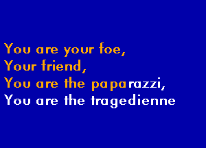 You are your foe,
Your friend,

You are the pa p0 razzi,
You are the tragedienne