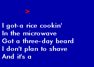 I goi-o rice cookin'

In the microwave
Got a three-day beard
I don't plan to shave

And ifs a
