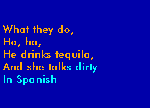 What 1hey do,
Ha, ha,

He drinks tequila,

And she talks dirly
In Spanish