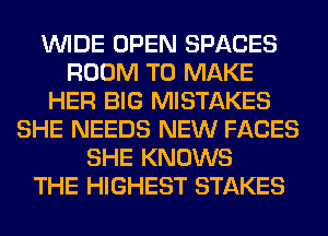 WIDE OPEN SPACES
ROOM TO MAKE
HER BIG MISTAKES
SHE NEEDS NEW FACES
SHE KNOWS
THE HIGHEST STAKES