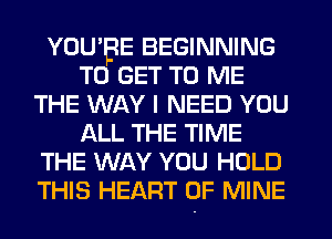 YOU'BE BEGINNING
TO GET TO ME
THE WAY I NEED YOU
ALL THE TIME
THE WAY YOU HOLD
THIS HEART OF MINE