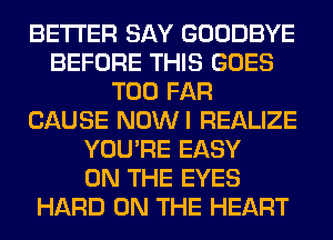 BETTER SAY GOODBYE
BEFORE THIS GOES
T00 FAR
CAUSE NOWI REALIZE
YOU'RE EASY
ON THE EYES
HARD ON THE HEART