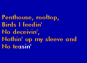 Penthouse, rooHop,

Birds I feedin'

No deceivin',
Noihin' up my sleeve and
No feasin'