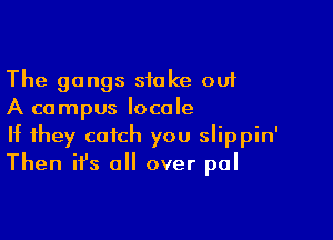 The gangs stake 001
A campus locale

If they catch you slippin'
Then it's all over pal