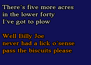 There's five more acres
in the lower forty
I've got to plow

XVell Billy Joe
never had a lick o'sense
pass the biscuits please