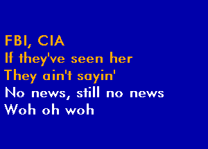 FBI, CIA

If they've seen her

They ain't soyin'
No news, still no news

Woh oh woh