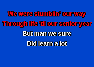 We were stumbliW our way

Through life 'til our senior year

But man we sure
Did learn a lot