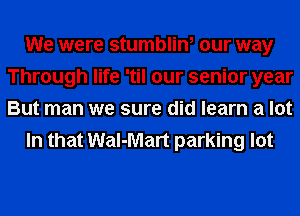 We were stumblin, our way
Through life 'til our senior year
But man we sure did learn a lot

In that Wal-Mart parking lot
