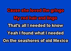 Cause she loved the gringo
My red hair and lingo
That's all I needed to know
Yeah I found what I needed

On the seashores of old Mexico