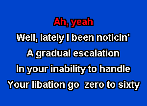 Ah, yeah
Well, lately I been noticin'
A gradual escalation
In your inability to handle
Your libation go zero to sixty