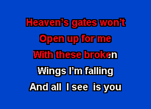 HeaveWs gates won,t
Open up for me
With these broken
Wings Pm falling

And all lsee is you