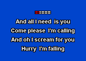 And all I need is you
Come please Pm calling

And oh I scream for you

Hurry I'm falling