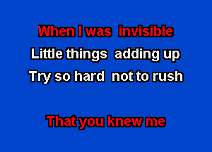 Whenlwas invisible
Little things adding up

Try so hard not to rush

That you knew me
