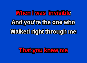 When I was invisible
And you're the one who

Walked right through me

That you knew me