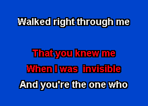 Walked right through me

That you knew me
When I was invisible
And you're the one who