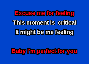 Excuse me for feeling
This moment is critical
It might be me feeling

Baby I'm perfect for you