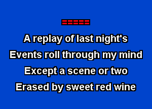 A replay of last night's

Events roll through my mind
Except a scene or two
Erased by sweet red wine