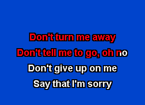 Don't turn me away

Don't tell me to go, oh no

Don't give up on me
Say that I'm sorry