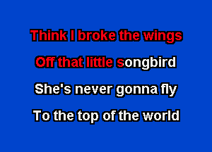 Think I broke the wings
Off that little songbird

She's never gonna fly

To the top of the world