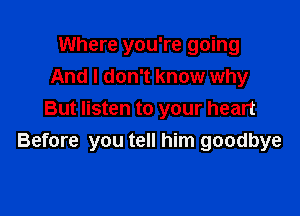 Where you're going
And I don't know why

But listen to your heart
Before you tell him goodbye