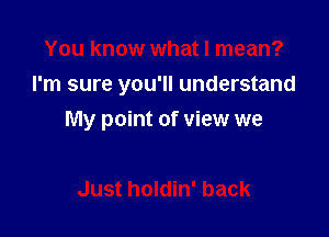 You know what I mean?
I'm sure you'll understand

My point of view we

Just holdin' back