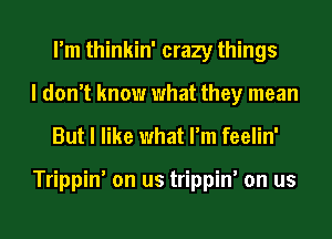 I'm thinkin' crazy things
I don't know what they mean

But I like what I'm feelin'

Trippin' on us trippin' on us