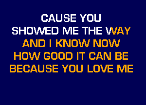 CAUSE YOU
SHOWED ME THE WAY
AND I KNOW NOW
HOW GOOD IT CAN BE
BECAUSE YOU LOVE ME