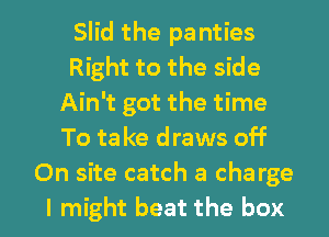 Slid the pa nties
Right to the side
Ain't got the time
To take draws off
On site catch a charge

I might beat the box I