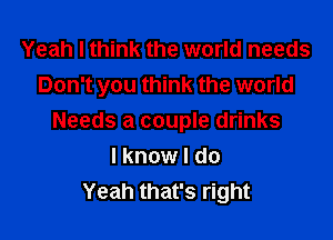 Yeah I think the world needs
Don't you think the world

Needs a couple drinks
I know I do
Yeah that's right