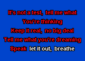 Ifs not a test, tell me what
You,re thinking
Keep it real, no big deal
Tell me what you,re dreaming
Speak let it out, breathe