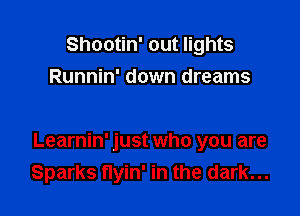 Shootin' out lights
Runnin' down dreams

Learnin' just who you are
Sparks flyin' in the dark...