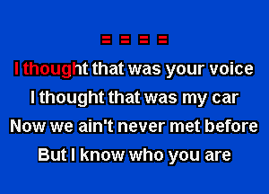 I thought that was your voice
I thought that was my car

Now we ain't never met before
But I know who you are