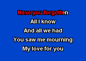 Have you forgotten
All I know
And all we had

You saw me mourning

My love for you