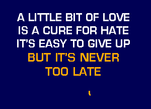 A LITTLE BIT OF LOVE
IS A CURE FOR HATE
IT'S EASY TO GIVE UP

BUT IT'S NEVER
TOO LATE

I