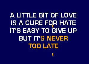 A LITTLE BIT OF LOVE
IS A CURE FOB HATE
IT'S EASY TO GIVE UP
BUT IT'S NEVER
TOO LATE

I