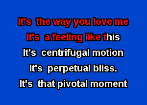 It's the way you love me
It's a feeling like this
It's centrifugal motion
It's perpetual bliss.
It's that pivotal moment