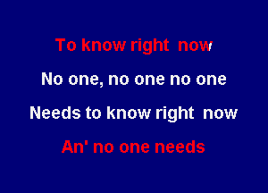 To know right now

No one, no one no one

Needs to know right now

An' no one needs
