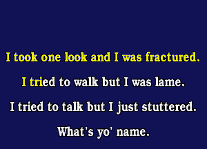 I took one look and I was fractured.
I tried to walk but I was lame.
I tried to talk but I just stuttered.

What's yo' name.