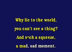 Why lie to the world.

you can't see a thing?

And s-xch a squeeze.

a mad. sad moment.