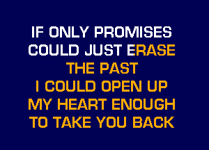 IF ONLY PROMISES
COULD JUST ERASE
THE PAST
I COULD OPEN UP
MY HEART ENOUGH
TO TAKE YOU BACK